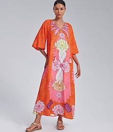 abordables -Femmes Ourlet Maxi Robe maxi Orange Manches mi-longues Fleuri Plantes Cordon de serrage Col en V Ample Été Printemps Col en V Bohème Vacances Mode XS S M