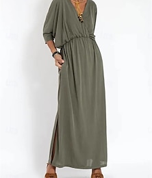 abordables -Femme Robe Maxi Robe casual Robe Trapèze mode basique Décontractées Vacances du quotidien Standard Plein Demi Manches Col V Noir Vert Véronèse Eté Printemps