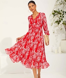 abordables -Femme Robe Maxi Robe Évasée Elégant Le style mignon mode Manches fendues Vacances Standard Floral manche longue Col V Rouge Eté Printemps