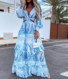 economico -Per donna Abito lungo Abito lungo Abito casual Abito linea A Abito estivo Abito boho Elegante Moda Da mare Giornaliero Appuntamento Standard Floreale Manica lunga A V Giallo Blu Viola Verde Estate