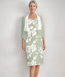 levne -Dvoudílné šaty  sloupec matky nevěsty elegantní vintage výstřih do V čajová délka chiffon květinová krajka aplikace 3/4 rukáv s volánkovou bundou závodní den šaty