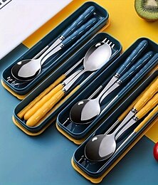 economico -Set di utensili da campeggio 3 in 1 in acciaio inossidabile con coperchio in plastica riutilizzabile, set di forchette e bacchette portatili per campeggio e picnic