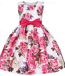 preiswerte -kinderkleidung Mädchen Party Kleid Blumen Ärmellos Leistung Geburtstag Krawattenknoten Schön Süß Baumwolle Knielang abendkleider Schaukelkleid A Linie Kleid Sommer 4 Jahre + Rosa Rote Rosenrot
