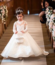 billiga -Brudnäbbsklänning Barn Flickor Prinsessaklänning Prestanda Bröllop Fest Elegant Skön Spets Nät Ensfärgat Långärmad Rund hals Vit 4 år +