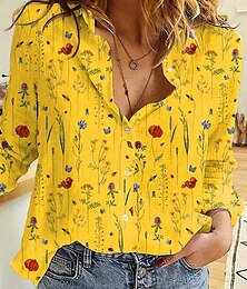 economico -Camicia da donna floreale quotidiana elegante maniche lunghe colletto top lunghi quotidiani bottoni stampa gialla estate primavera