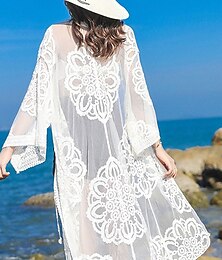 abordables -Robes de plage d'été pour femmes maillots de bain en dentelle vêtements de plage de vacances couleur unie décolleté en V à manches longues