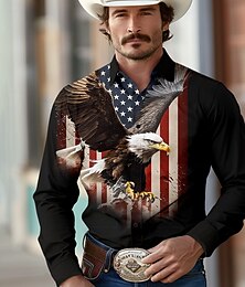 economico -Per uomo Aquila Bandiera americana Camicia occidentale Camicia da cowboy Manica lunga Occidentale Sportivo Primavera Autunno Collo ripiegabile Abbottonare Nero Bianco Rosso Blu scuro Grigio