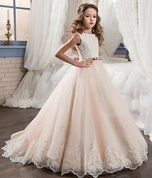 billiga -Brudnäbbsklänning Barn Flickor Prinsessaklänning Prestanda Bröllop Fest Elegant Skön Spets Nät Ensfärgat Ärmlös Rund hals Ljusgul Ljusrosa 4 år +