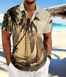 economico -Per uomo Albero di cocco Navi Camicia hawaiana Camicia con bottoni Manica corta Vintage retrò Da mare Per eventi Abbigliamento mare Estate Primavera Collo ripiegabile camicie con colletto Cachi