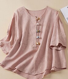 economico -Per donna Camicia Blusa Camicie di cotone e lino Tinta unica Essenziale Casual Manica 3/4 Girocollo Top Regolari Quotidiano Bottoni Rosa Blu Estate