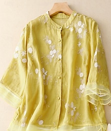 economico -Per donna Camicia Camicie di cotone e lino Abbottonare Blusa Floreale Essenziale Casual Manica 3/4 Collo Alto Top Regolari Quotidiano Ricamato Bottoni Giallo Viola Verde Beige Estate Primavera Autunno