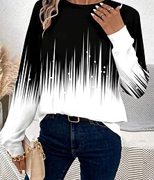 abordables -Mujer Camiseta Ombre Casual Manga Larga Cuello Barco Tops regulares Diario Estampado Negro y blanco Primavera Otoño