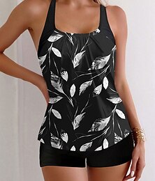 abordables -Femme Maillots de Bain Tankini 2 pièces Jambe de garçon Maillot de bain Dos Nu Taille haute Vacances Tenues de plage Feuilles Décolleté Sans Manches Maillots de bain