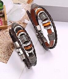 economico -Bracciale da uomo in pelle intrecciata con perline metalliche vintage – design bohémien multistrato per abbigliamento casual, feste e regali