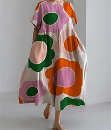 abordables -Femmes Robe Midi Robes inspirées du lin Robe Décontractée Robe en coton et lin Élégant Occasionnel Vacances Quotidien Date Coupe Ample Graphique Manche Courte Col ras du cou Orange Été Printemps