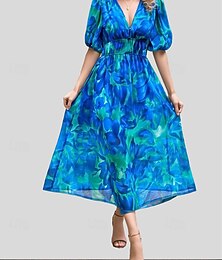levne -Dámské Dlouhé šaty Maxi šaty Volnočasové šaty Áčkové šaty Květinové šaty Letní šaty Elegantní stylové Dovolená Denní Rande Běžný Květinový Krátký rukáv Do V Černá Světlá růžová Vodní modrá Trávov