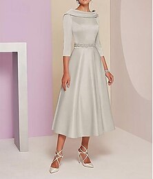 abordables -Robe A-Line robe de la mère de la mariée robe élégante vintage en satin manches 3/4 avec perles robe de jour de course