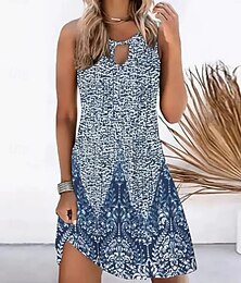 abordables -Femme Mini robe Robe casual Robe Débardeur robe boheme Décontractées Bohème Vacances du quotidien Standard Floral Sans Manches Col Ras du Cou Bleu Eté