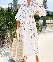 abordables -Robes de plage pour femmes couvre-maillot maillot de bain dentelle découpé vêtements de plage de vacances simple à manches longues