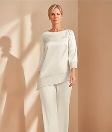 preiswerte -Jumpsuit  Hosenanzug Mutter der Braut Elegant Einfach Minimalistisch Bootsausschnitt Bodenlänge Satin 3/4 Länge Ärmel Wickel enthalten in einfarbig