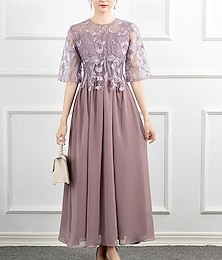 abordables -Robe en A Robe de mère de la mariée Robe formelle Élégante Brillante  Éclat Col bijou Longueur cheville Chiffon Manches longues avec broderie en dentelle Couleur unie
