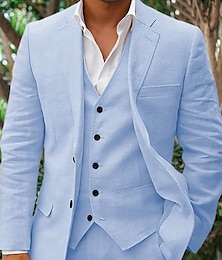 economico -abiti da uomo in lino, abiti estivi da matrimonio in spiaggia, tinta unita, 3 pezzi, vestibilità su misura, monopetto, due bottoni, beige, azzurro cielo, bianco