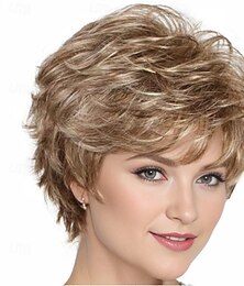 cheap -Short Brown Curly Wigs with Blonde Highlight Brown Pixie cut Wavy Wigs for White Women Layered Synthetic Full Wigs for Daily Party