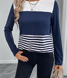 billige -Dame T skjorte Stripet Fritid Langermet Crew-hals Vanlige topper Daglig Trykt mønster Blå Vår Høst