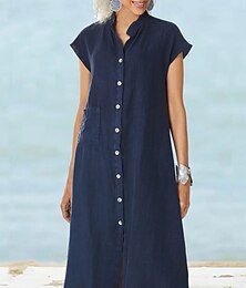economico -Per donna Abito Midi Abiti in cotone e lino Vestito Casual Abito lungo in cotone Essenziale Casual Vacanza Quotidiano Vestibilità regolare Semplice Manica Corta Collo a V Bianco Blu marino Estate
