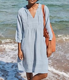 abordables -Femmes Robe Midi Robes en coton et lin Robe Décontractée Basique Occasionnel Vacances Quotidien Coupe régulière Uni Manche 3/4 Col en V Noir Blanche Vert Claire Bleu clair Été