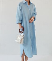 economico -Per donna Abito Lungo Maxi Abito Abiti ispirati al lino Abito Camicia Vestito Casual Elegante Casual Vacanza Quotidiano Data Vestibilità regolare Semplice Manica Lunga Bavero Rosa Blu marino Blu