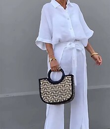 economico -Per donna Quotidiano Essenziale Camicia Set da due pezzi Pantaloni a Gamba Larga Manica 3/4 Colletto a Camicia Semplice Casuale Quotidiano Bianco Giallo Blu Primavera & Autunno Vestibilità regolare