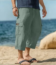 お買い得  -男性用 カプリカーゴショーツ リネンショーツ サマーショーツ ビーチショーツ ドローストリング 弾性ウエスト マルチポケット 平織り 履き心地よい 高通気性 膝丈 ヨガ 祝日 ビーチ 旅行度假风 ファッション ブラック ネイビーブルー