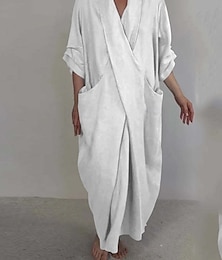 economico -Per donna Abito maxi Abiti in cotone e lino Abito in cotone e lino Elegante Essenziale Casual Vacanza Quotidiano Vestibilità regolare Semplice Manica Lunga Scollo a V Bianco Blu Primavera Autunno