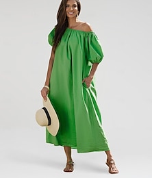 abordables -Robe maxi en coton pour femmes, tenue de villégiature décontractée, robe de vacances, coupe ample, épaules dénudées, manches bouffantes, ligne a, été