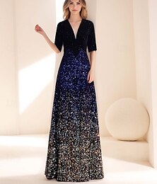billige -A-line Kveldskjole Vintage Kjole Formell Bryllup Gulvlengde Halv Erme V Hals med Ombre Glitter