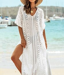abordables -Femmes Maillots de Bain Vêtement couvrant Robe de Bain Maillot de bain Découpé Vacances Tenues de plage Couleur Unie Col en V manche longue Maillots de bain