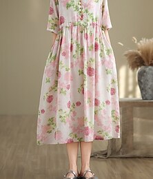 economico -Per donna Abito Lungo Maxi Abito Abiti in cotone e lino Vestito Casual Essenziale Casual Vacanza Quotidiano Vestibilità regolare Floreale Manica Corta Scollo a V Rosa Estate