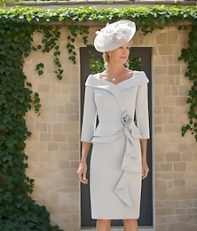 abordables -Ensembles de Robes Robe de Mère de la Mariée Robe Formelle Invité Mariage Élégante Vintage Simple Encolure en V Longueur Thé Tissu Élastique Manches 3/4 avec Volants Cascadants Fleur Robe Derby Robe
