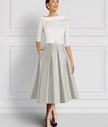 abordables -Robe A-Line Mère de la Mariée Élégante Vintage Décolleté Bijou Longueur Thé Satin Manches 3/4 avec Broche en Cristal Robe de Jour de Course Couleur Bloc