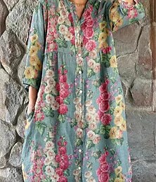 abordables -Femmes Robe Midi Robes inspirées du lin Robe Chemise Robe Décontractée Élégant Occasionnel Vacances Quotidien Date Coupe Ample Fleuri manche longue Col ras du cou Rouge Bleu Vert foncé Vert Printemps