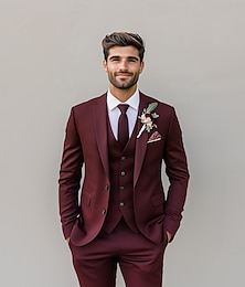 economico -Uomo Matrimonio Matrimonio autunnale Completi Bavero classico Borgogna Viola Tinta unita Vestibilità standard 3 pezzi Monopetto Due Bottoni