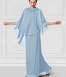 abordables -Robe de mère de la mariée de plage en colonne bleue élégante longueur maxi en chiffon dentelle manches courtes châle inclus avec couleur unie en dentelle