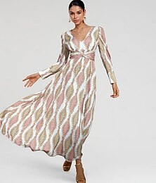 ieftine -Pentru femei Hem Maxi Satin Maxi Rochie Maxi SOMON Alb Manșon Lung Model de plante Floare / Plante Nasturi plantă Primăvară În V Rochie de zbor S M L