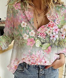 economico -Per donna Camicia Blusa Floreale Moda Informale Manica lunga Colletto Top regolari Giornaliero Bottoni Stampa Viola Verde Estate Primavera