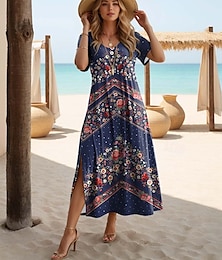 abordables -Robe Maxi Femme Robe T-Shirt Robe Tee Robe d'Été Robe Tunique Bohémienne Ethnique Vacances Anniversaire Vacances Coupe Standard Vintage Manches Courtes Col R Rouge Bleu Vert Bleu Foncé