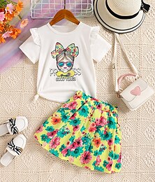 billiga -2 delar Småbarn Flickor Grafisk Crewneck Kjolskjorta Uppsättning Kortärmad Mode Skola 4-7 år Sommar Vit