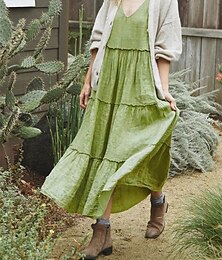 economico -Per donna Abito maxi Abiti ispirati al lino Vestito Casual Abito in cotone Abito Sottoveste Essenziale Casual Vacanza Quotidiano Vestibilità regolare Semplice Senza Maniche Spallina Scollo a V Verde