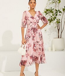 economico -Per donna Vestito longuette Abiti in chiffon Elegante Moda Manica a sbuffo Matrimonio Invitati del matrimonio Giornaliero Standard Floreale Mezza manica A V Rosa Estate Primavera Autunno