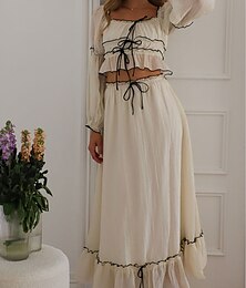 abordables -Mujer Conjunto de vestido Vestidos inspirados en el lino conjunto de falda Moda Casual Plano Frunce Vestido maxi Manga Corta Escote en U Exterior Vacaciones Albaricoque Verano Primavera Ajuste regular